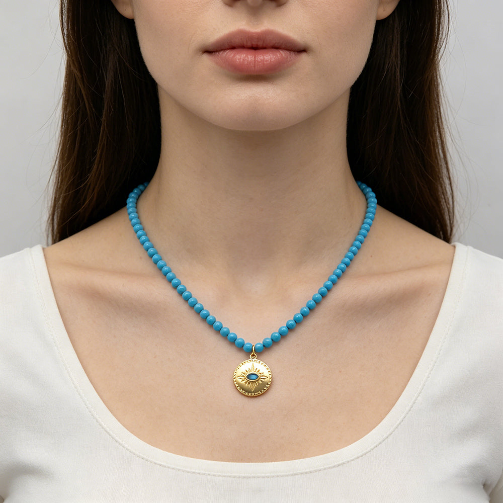 Handmade Customizable Natural Stone Beads Necklace With Brass Pendant