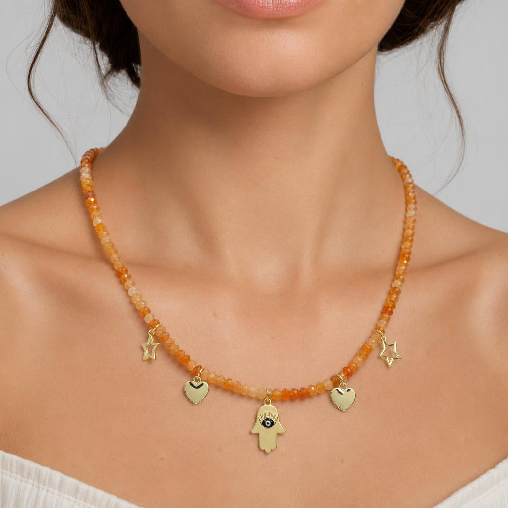 Handmade Customizable Natural Stone Beads Necklace With Brass Pendant