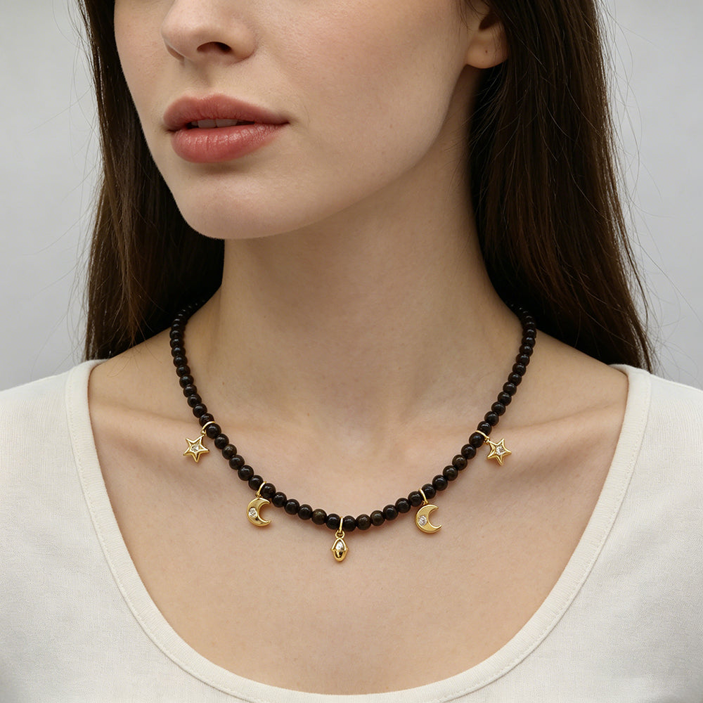 Handmade Customizable 4mm Natural Obsidian Beads Orange Aventurine Beads Necklace With Brass Pendant