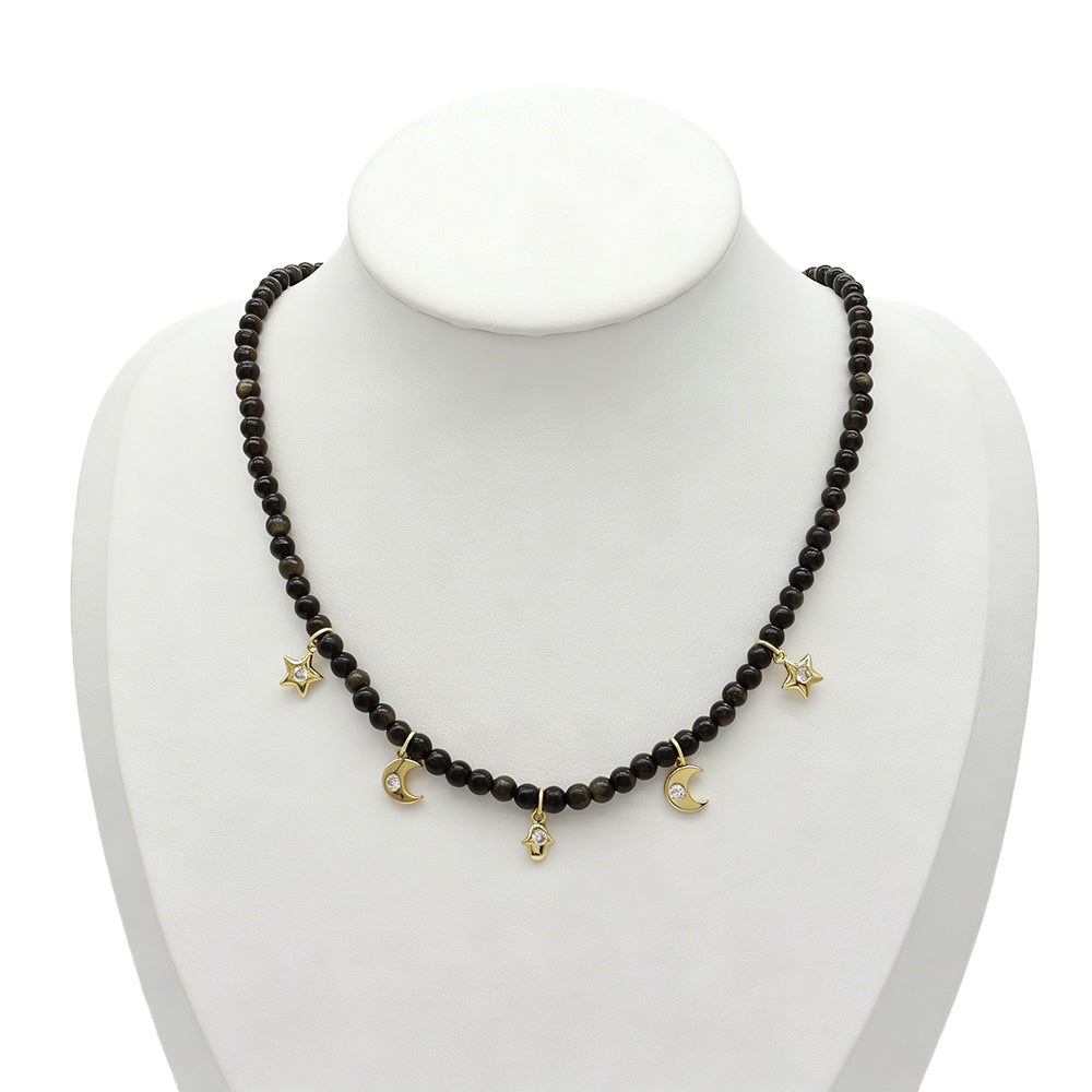 Handmade Customizable 4mm Natural Obsidian Beads Orange Aventurine Beads Necklace With Brass Pendant