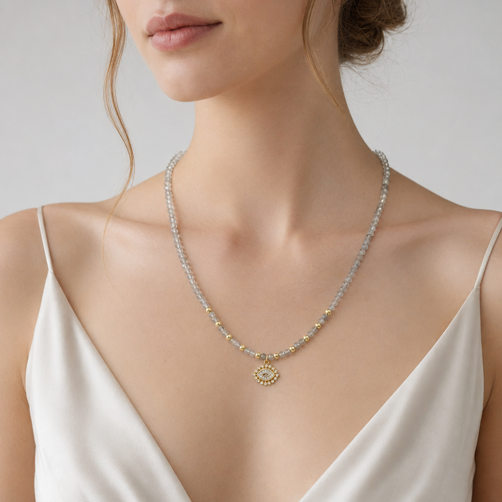 Handmade Customizable Natural Stone Beads Necklace With Brass Pendant