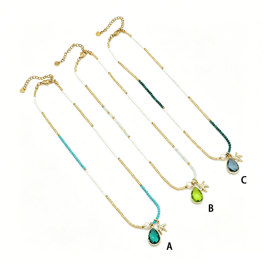 Handmade Customizable Natural Stone Beads Necklace With Miyuki Beads Fresh Water Pearl CZ
