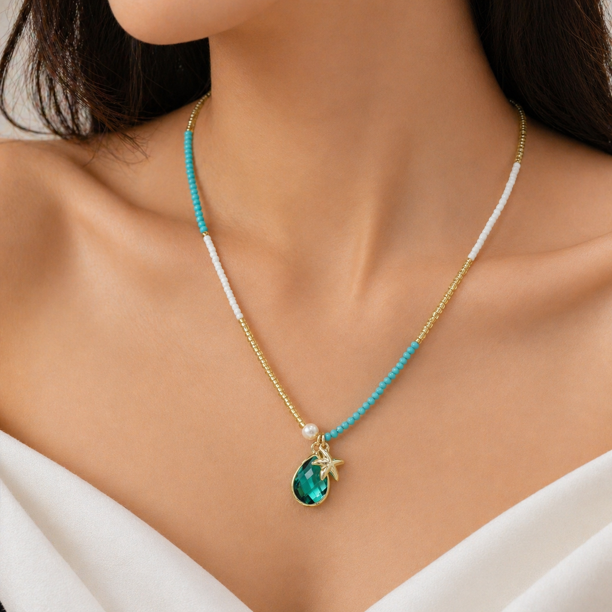 Handmade Customizable Natural Stone Beads Necklace With Miyuki Beads Fresh Water Pearl CZ