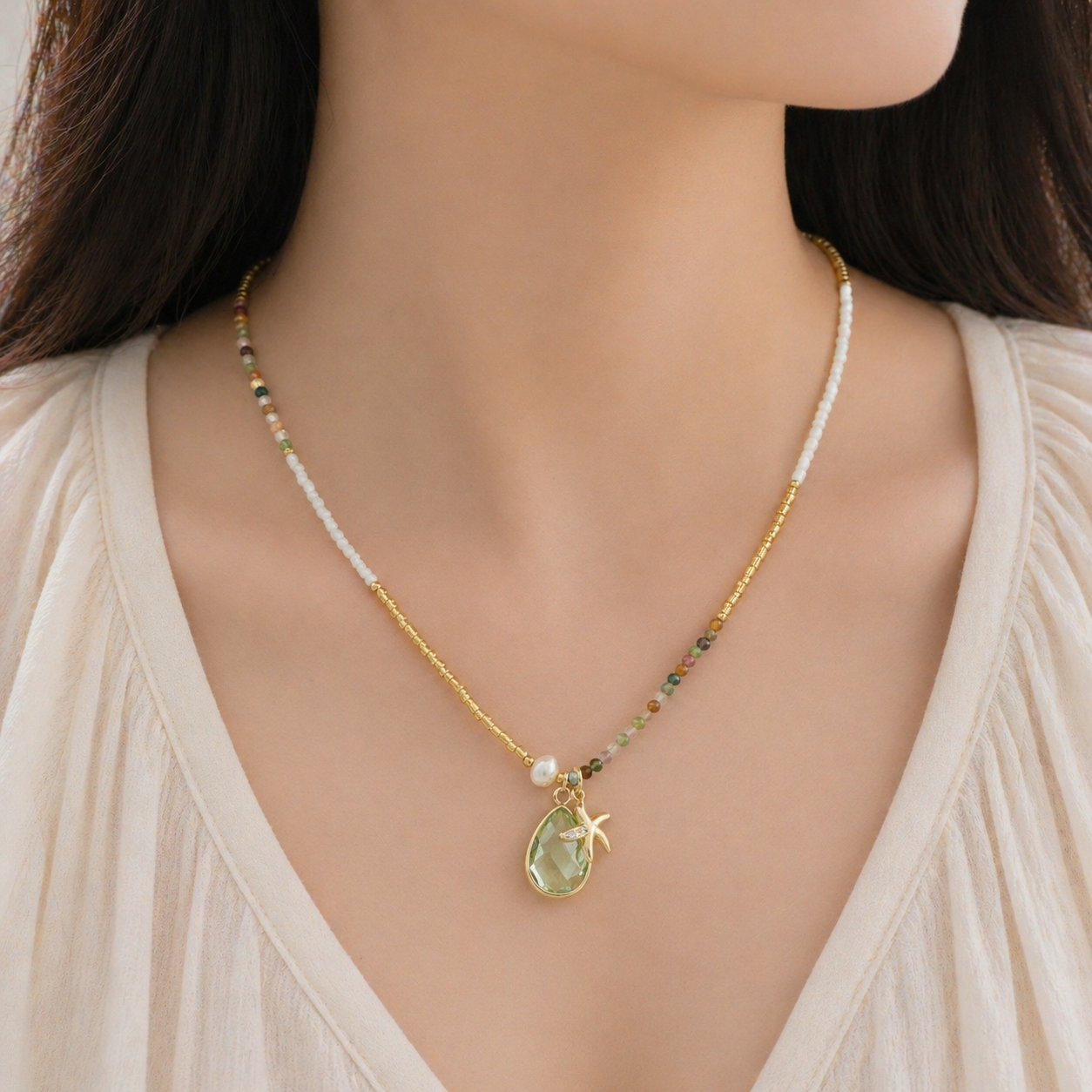 Handmade Customizable Natural Stone Beads Necklace With Miyuki Beads Fresh Water Pearl CZ