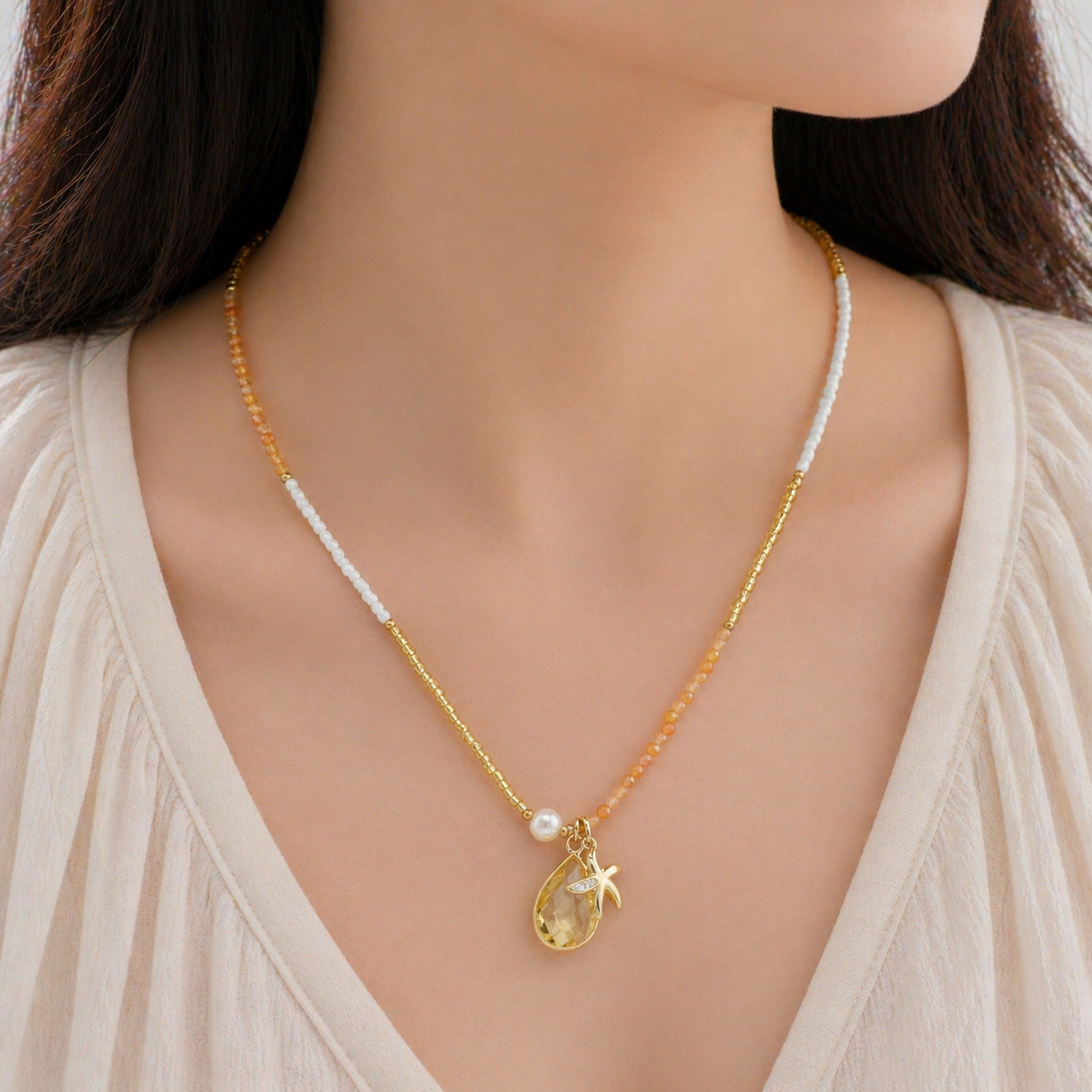 Handmade Customizable Natural Stone Beads Necklace With Miyuki Beads Fresh Water Pearl CZ