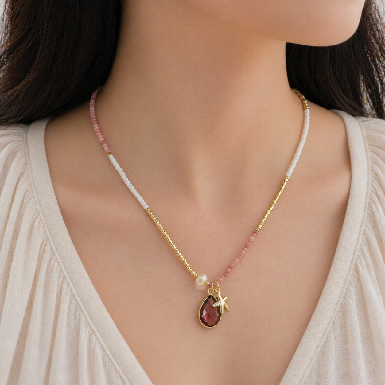 Handmade Customizable Natural Stone Beads Necklace With Miyuki Beads Fresh Water Pearl CZ
