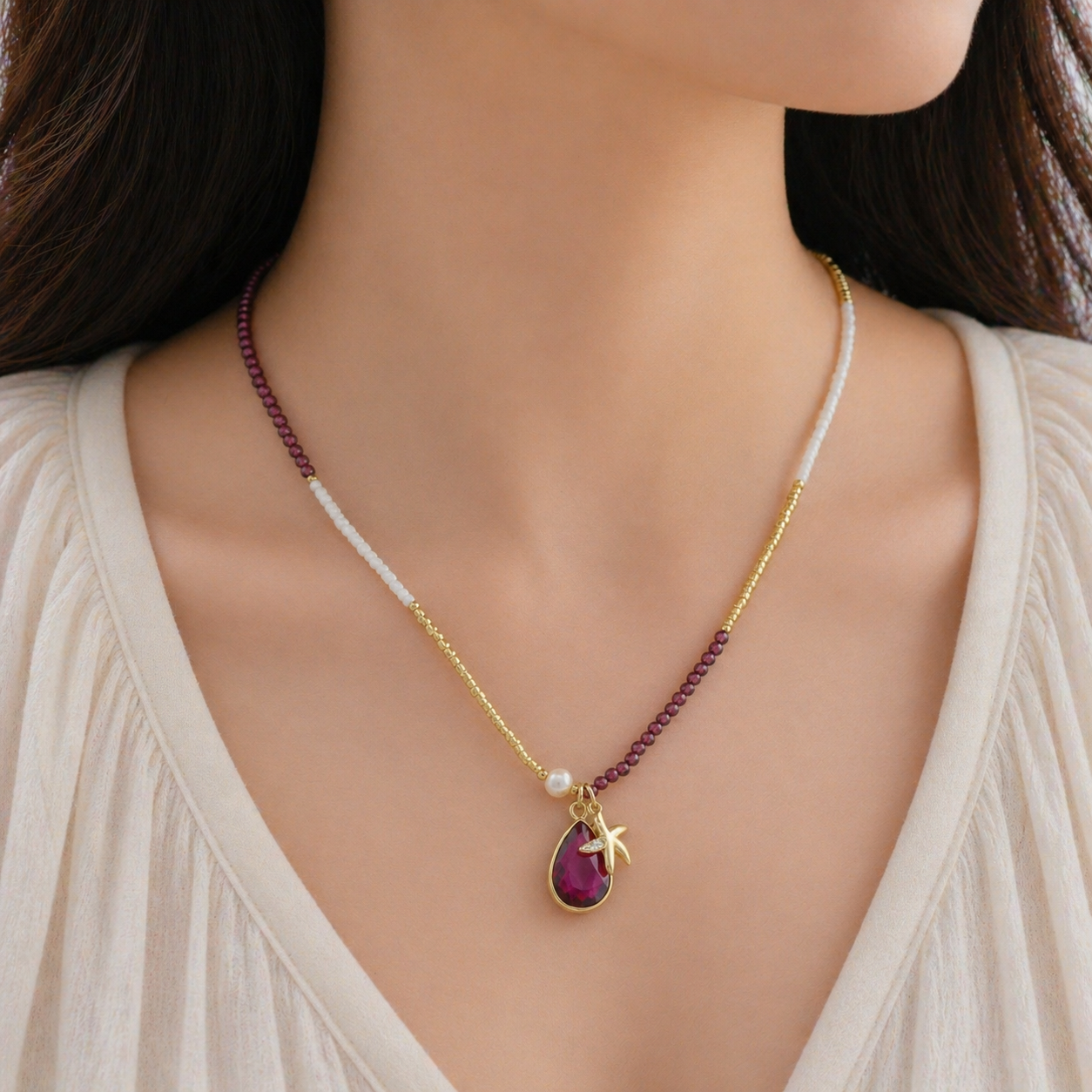 Handmade Customizable Natural Stone Beads Necklace With Miyuki Beads Fresh Water Pearl CZ