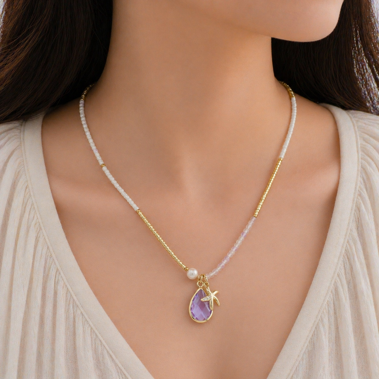 Handmade Customizable Natural Stone Beads Necklace With Miyuki Beads Fresh Water Pearl CZ
