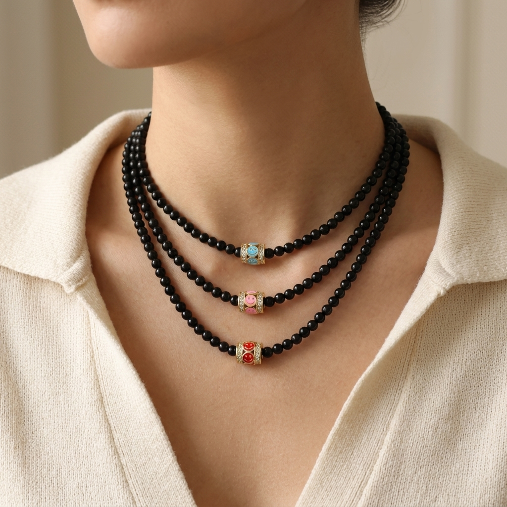 Handmade Customizable Natural Stone Beads Necklace With Enamel Pendant