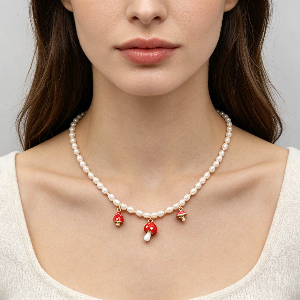 Handmade Enamel Mushroom Pendant Fresh Water Pearl Necklace