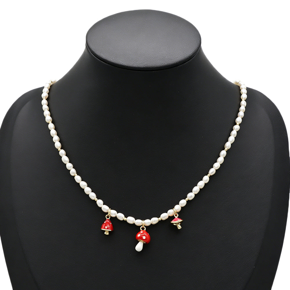 Handmade Enamel Mushroom Pendant Fresh Water Pearl Necklace