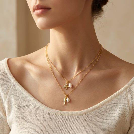 Plating Gold Starfish Turtle Fish Fresh Water Pearl Pendant Chain Necklace