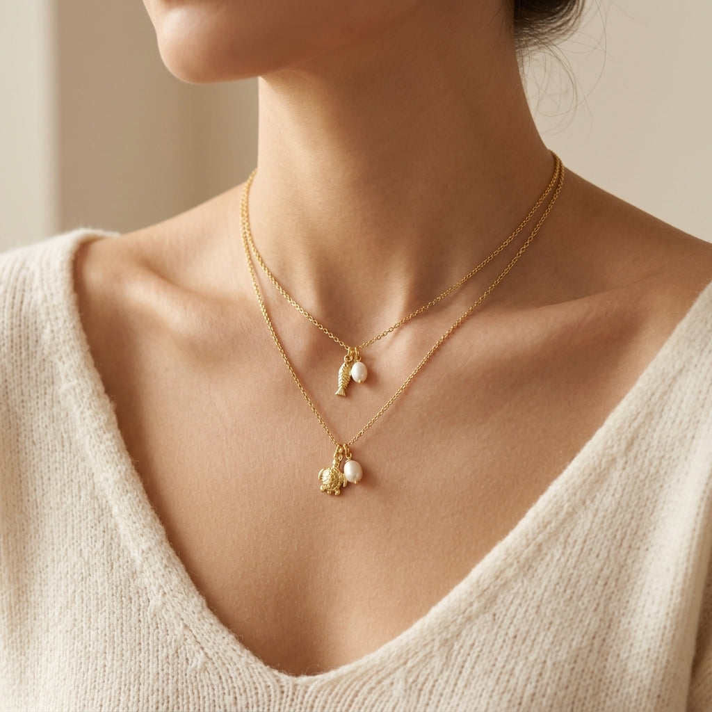 Plating Gold Starfish Turtle Fish Fresh Water Pearl Pendant Chain Necklace