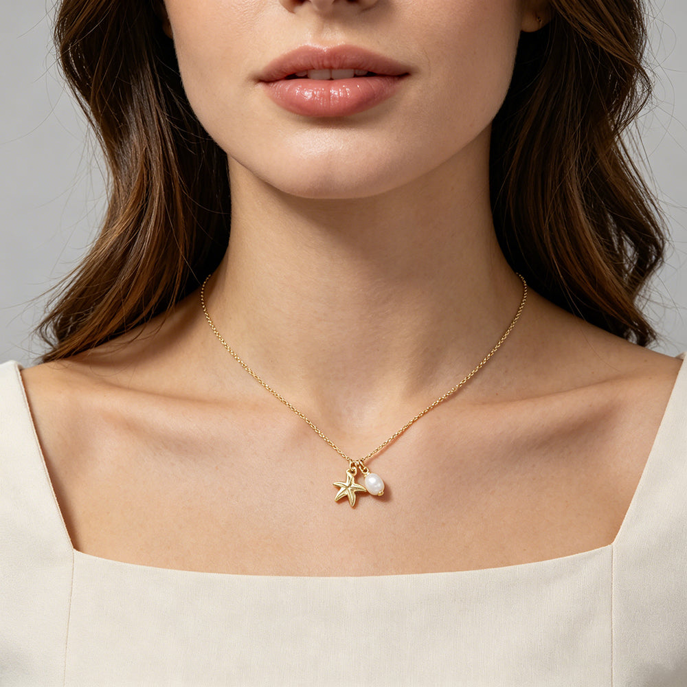 Plating Gold Starfish Turtle Fish Fresh Water Pearl Pendant Chain Necklace