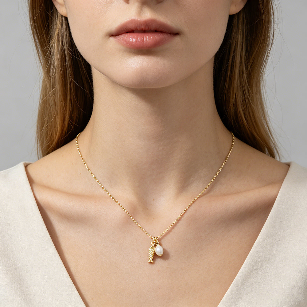 Plating Gold Starfish Turtle Fish Fresh Water Pearl Pendant Chain Necklace