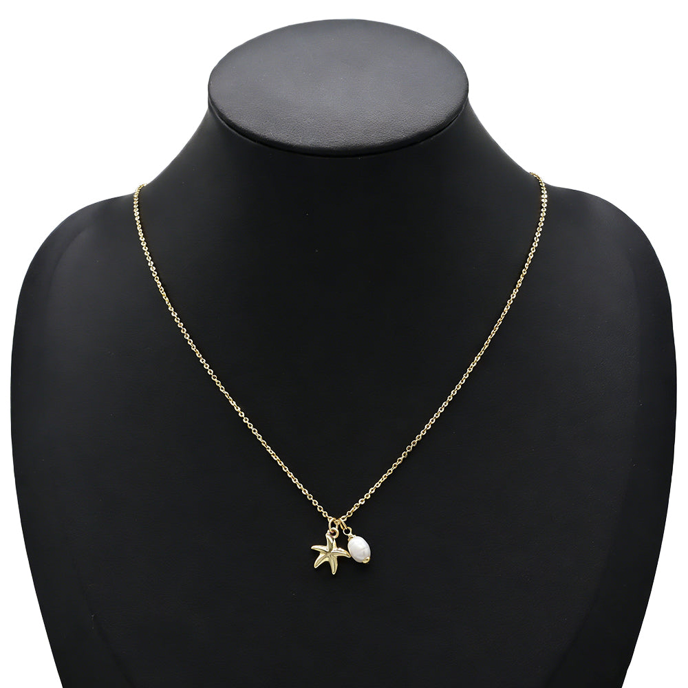 Plating Gold Starfish Turtle Fish Fresh Water Pearl Pendant Chain Necklace