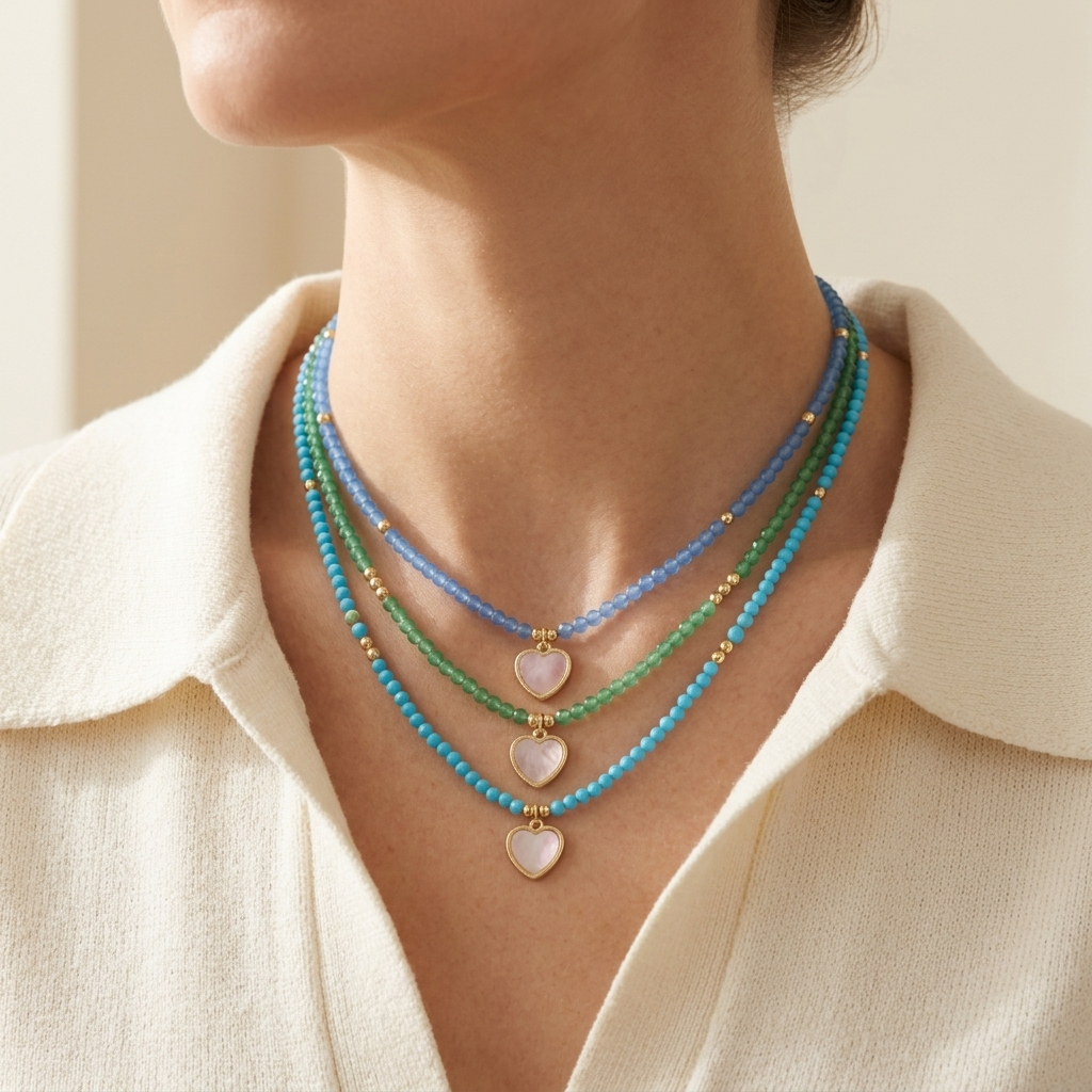 Handmade Turquoise Blue Agate Green Agate Amethyst Blue Moonstone Black Spinel Natural Stone Beads Necklace With Shell Pendant