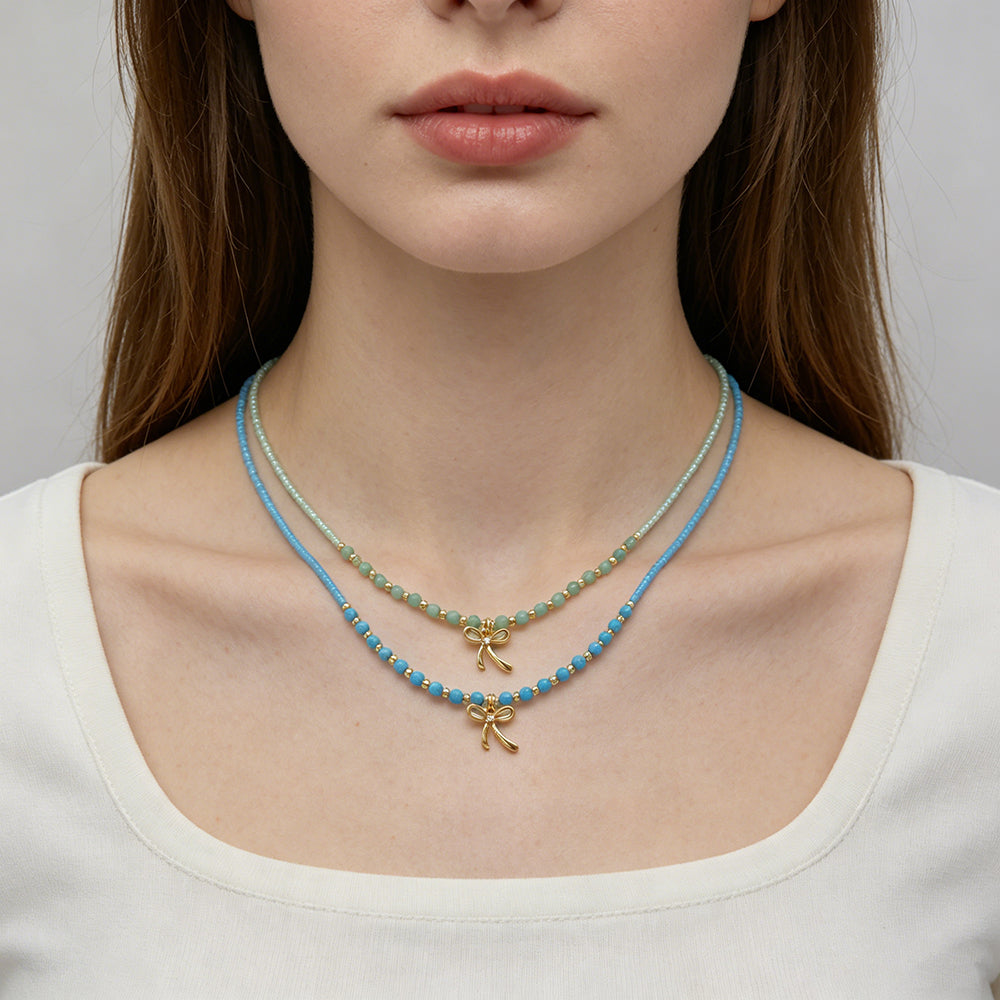 Handmade Summer Color Scheme Miyuki Beads Natural Turquoise Tourmaline Beads  Ribbon Pendant Necklace
