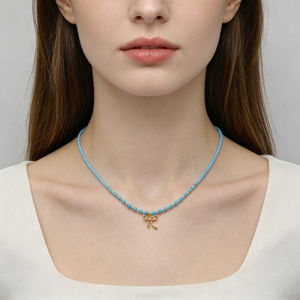 Handmade Summer Color Scheme Miyuki Beads Natural Turquoise Tourmaline Beads  Ribbon Pendant Necklace