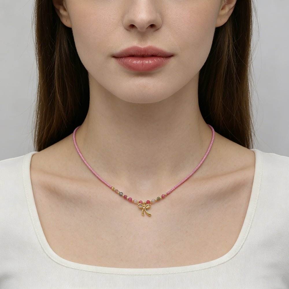 Handmade Summer Color Scheme Miyuki Beads Natural Turquoise Tourmaline Beads  Ribbon Pendant Necklace