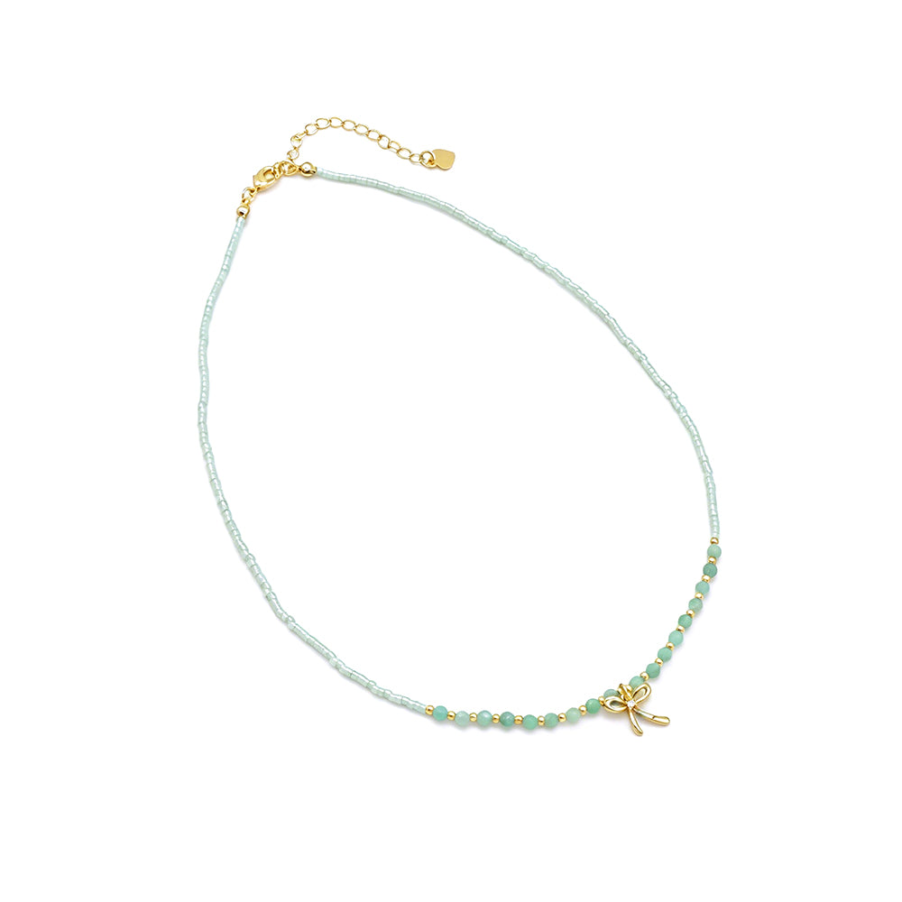 Handmade Summer Color Scheme Miyuki Beads Natural Turquoise Tourmaline Beads  Ribbon Pendant Necklace