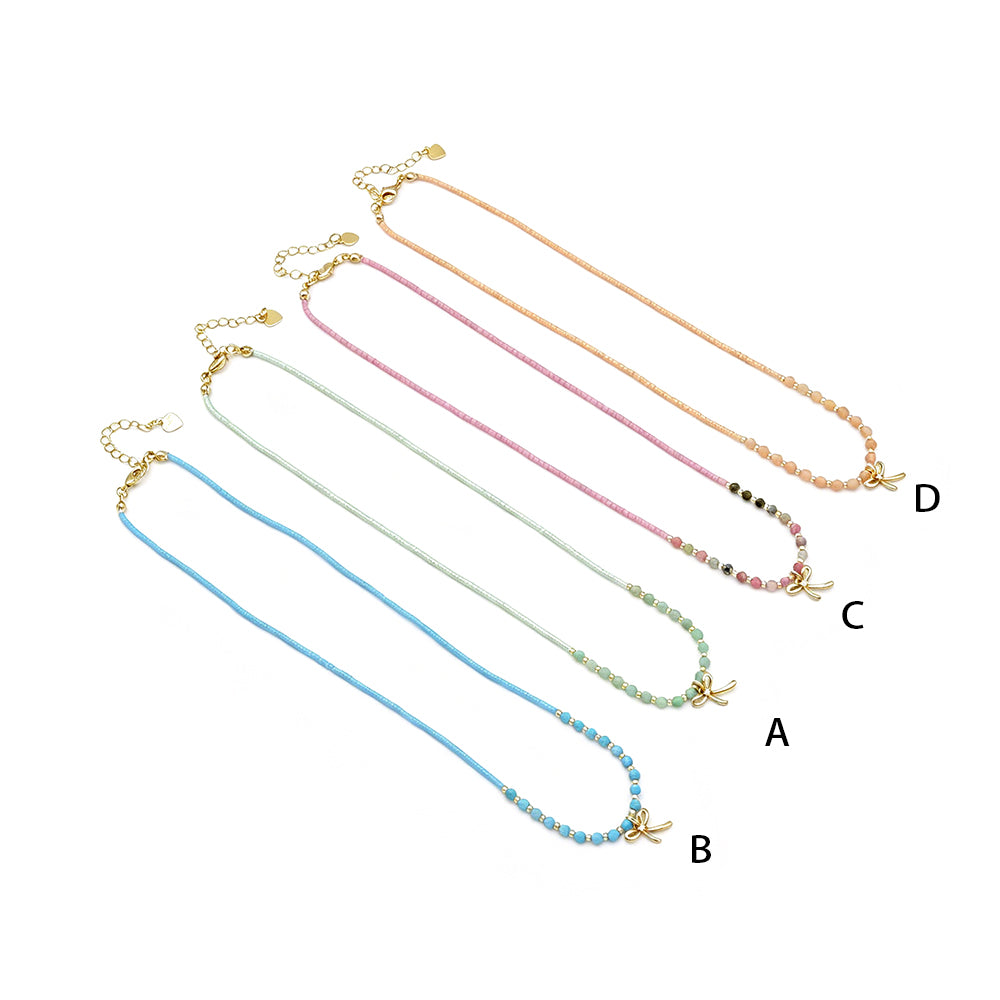 Handmade Summer Color Scheme Miyuki Beads Natural Turquoise Tourmaline Beads  Ribbon Pendant Necklace
