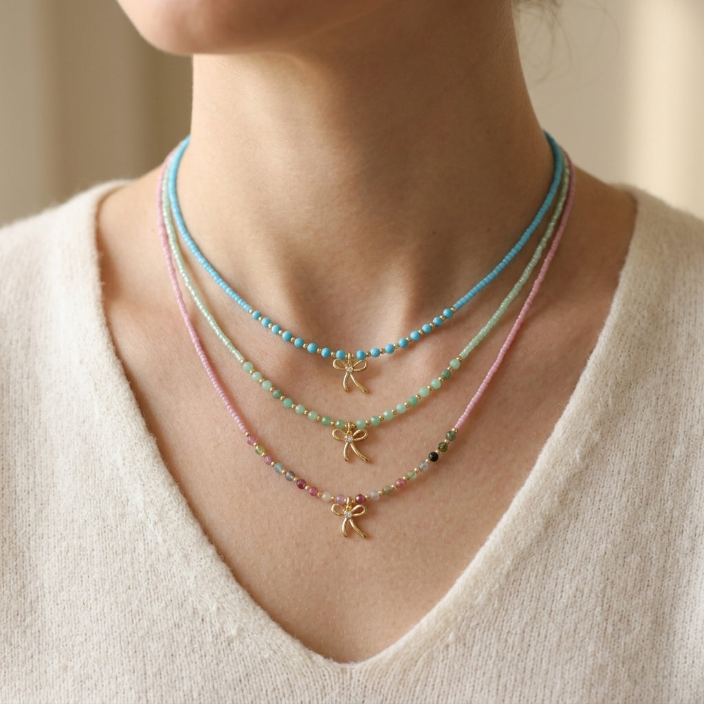Handmade Summer Color Scheme Miyuki Beads Natural Turquoise Tourmaline Beads  Ribbon Pendant Necklace