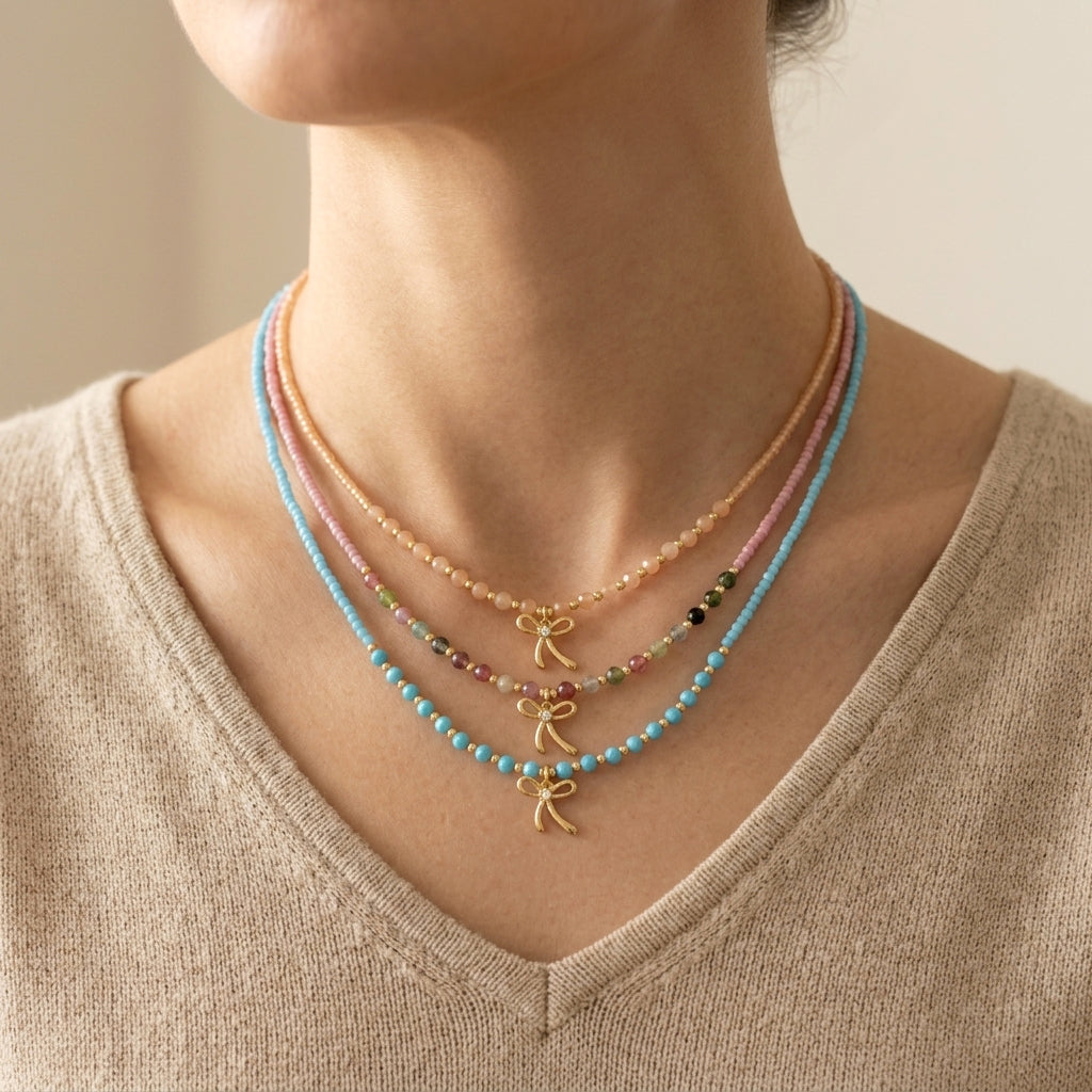 Handmade Summer Color Scheme Miyuki Beads Natural Turquoise Tourmaline Beads  Ribbon Pendant Necklace