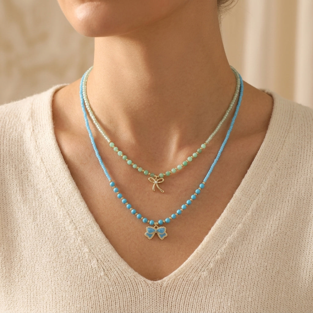 Handmade Summer Color Scheme Miyuki Beads Natural Turquoise Tourmaline Beads  Ribbon Pendant Necklace