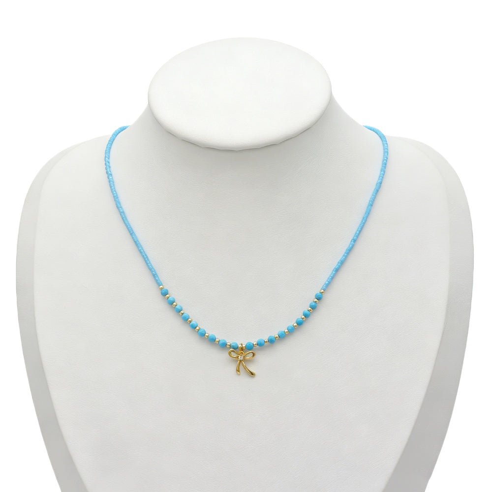 Handmade Summer Color Scheme Miyuki Beads Natural Turquoise Tourmaline Beads  Ribbon Pendant Necklace