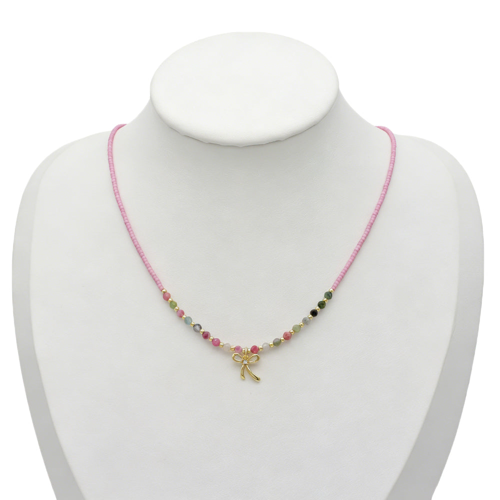 Handmade Summer Color Scheme Miyuki Beads Natural Turquoise Tourmaline Beads  Ribbon Pendant Necklace