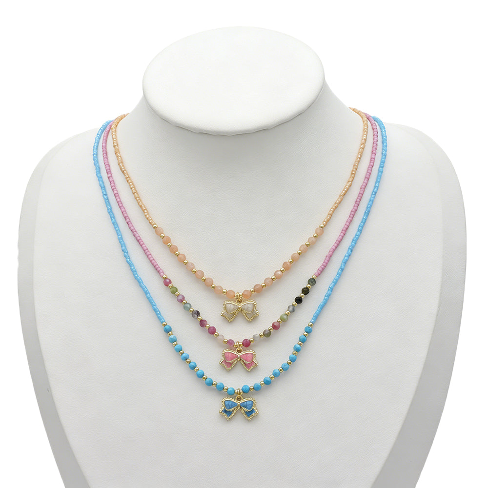 Handmade Summer Color Scheme Bow Pendant Miyuki Beads Natural Turquoise Tourmaline Beads Necklace