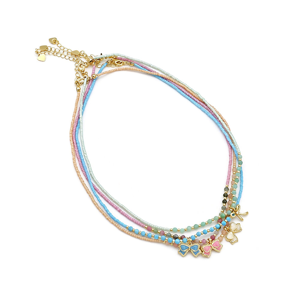 Handmade Summer Color Scheme Bow Pendant Miyuki Beads Natural Turquoise Tourmaline Beads Necklace