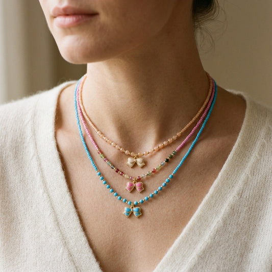 Handmade Summer Color Scheme Bow Pendant Miyuki Beads Natural Turquoise Tourmaline Beads Necklace