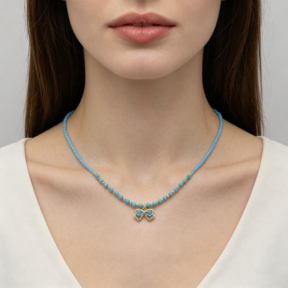 Handmade Summer Color Scheme Bow Pendant Miyuki Beads Natural Turquoise Tourmaline Beads Necklace