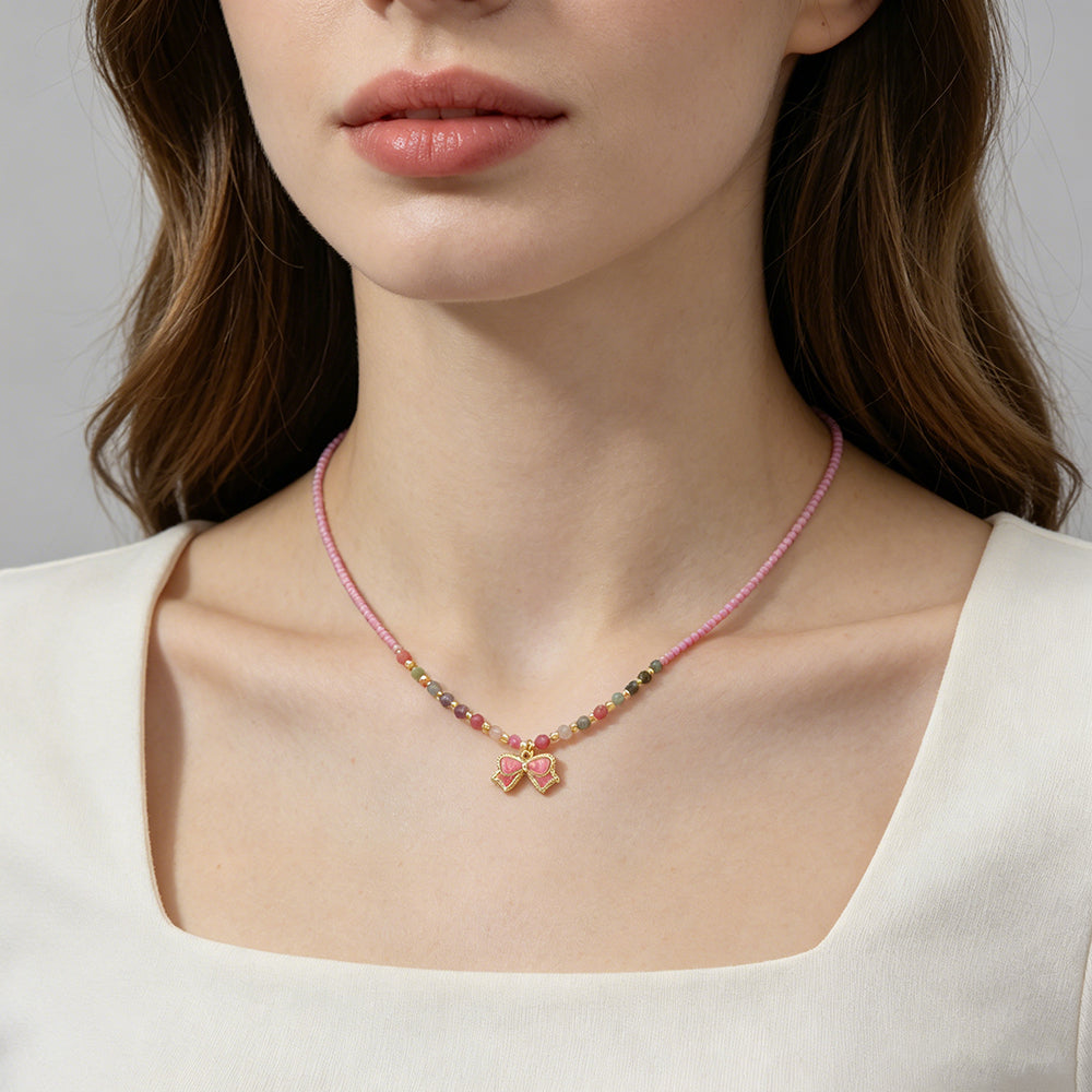 Handmade Summer Color Scheme Bow Pendant Miyuki Beads Natural Turquoise Tourmaline Beads Necklace