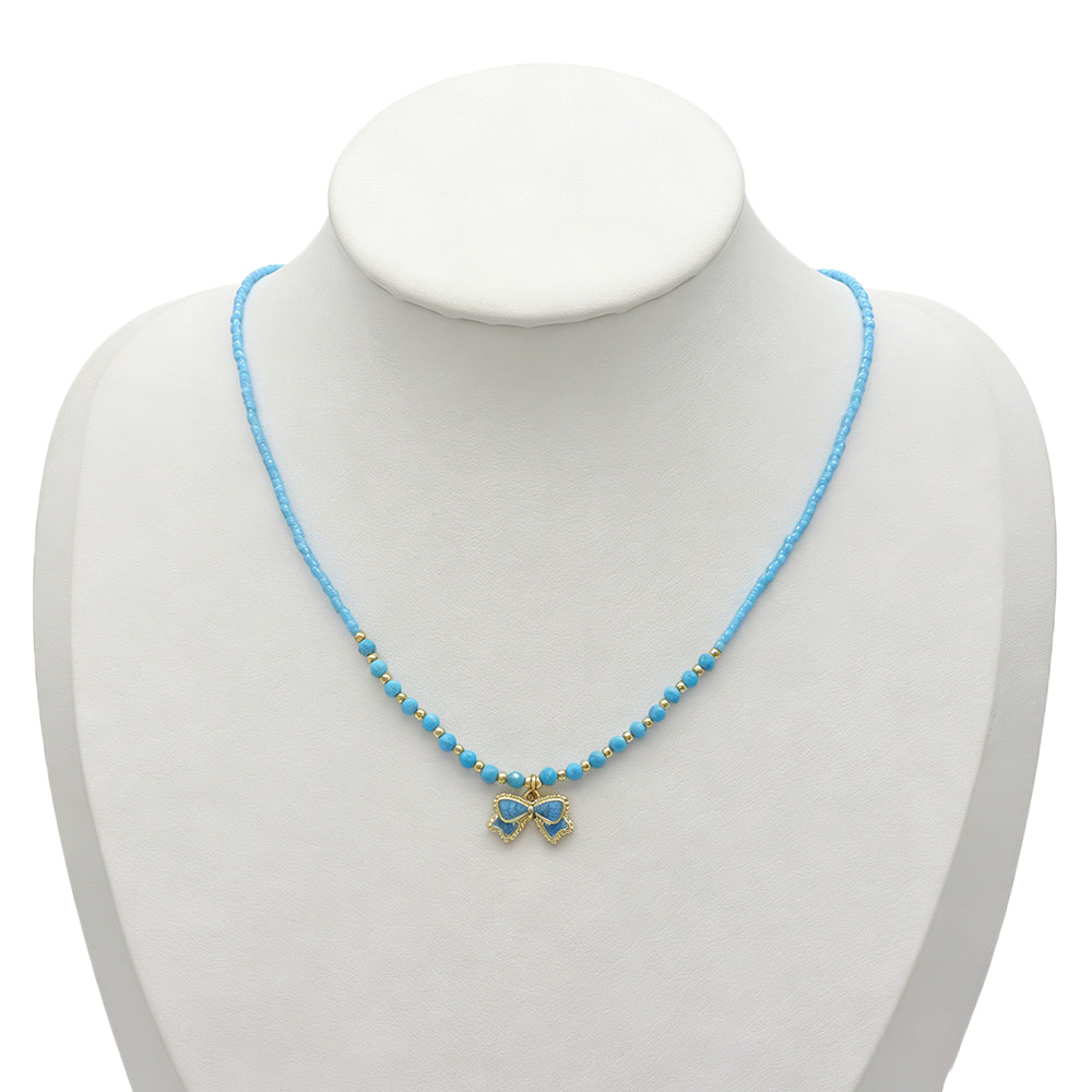 Handmade Summer Color Scheme Bow Pendant Miyuki Beads Natural Turquoise Tourmaline Beads Necklace