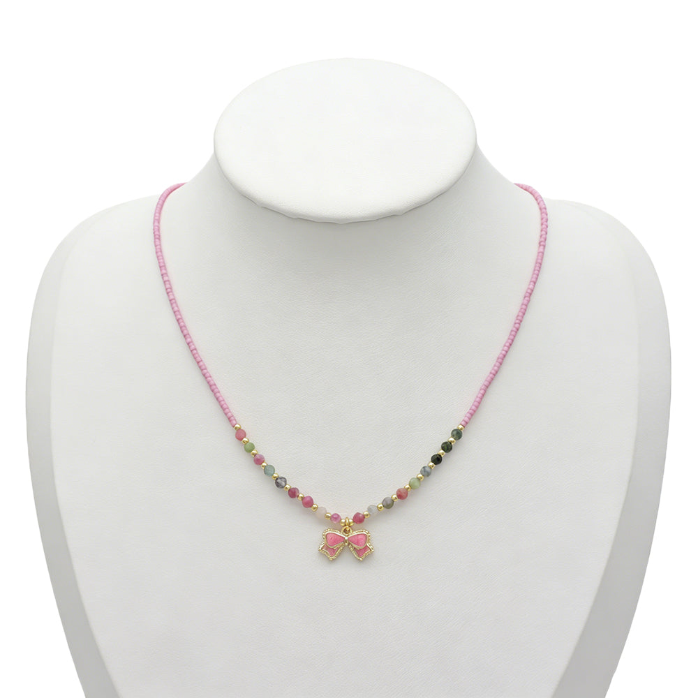 Handmade Summer Color Scheme Bow Pendant Miyuki Beads Natural Turquoise Tourmaline Beads Necklace
