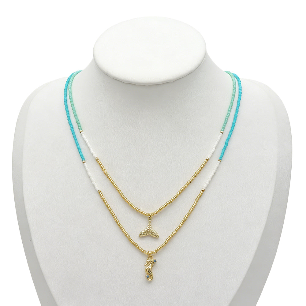 Summer Color Scheme Miyuki Beads Plate Gold Brass CZ Fish Haima Pendant Necklace