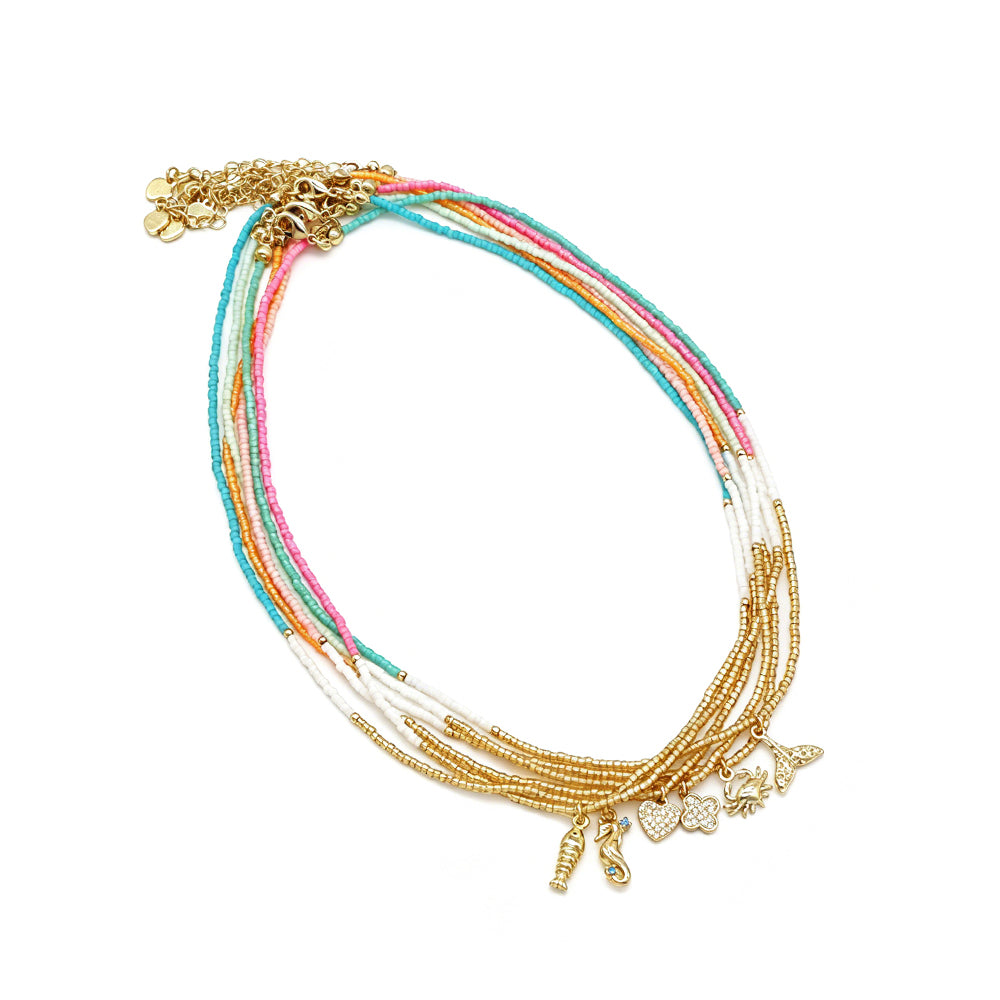Summer Color Scheme Miyuki Beads Plate Gold Brass CZ Fish Haima Pendant Necklace