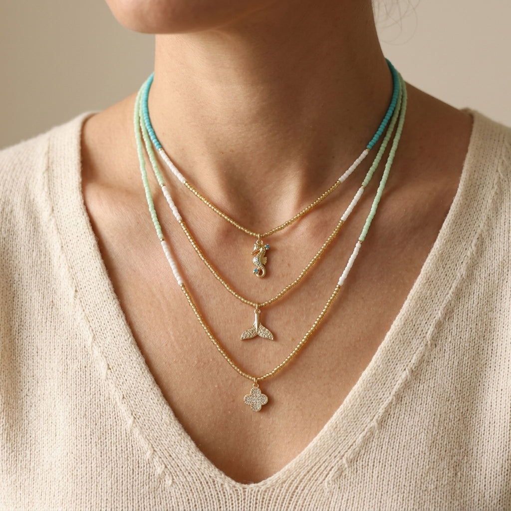 Summer Color Scheme Miyuki Beads Plate Gold Brass CZ Fish Haima Pendant Necklace
