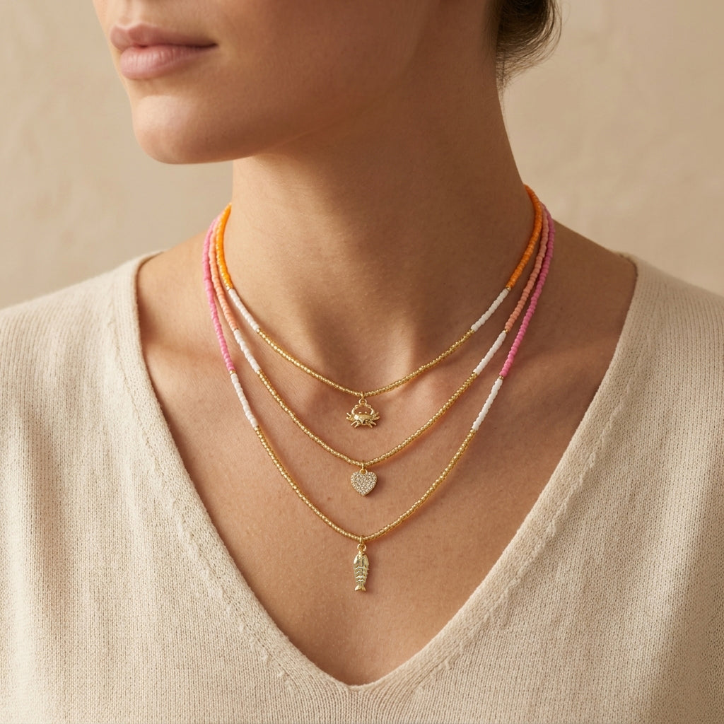 Summer Color Scheme Miyuki Beads Plate Gold Brass CZ Fish Haima Pendant Necklace