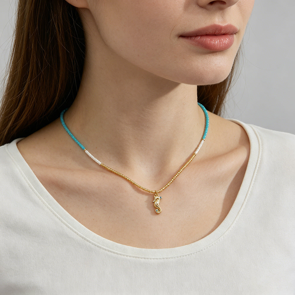 Summer Color Scheme Miyuki Beads Plate Gold Brass CZ Fish Haima Pendant Necklace