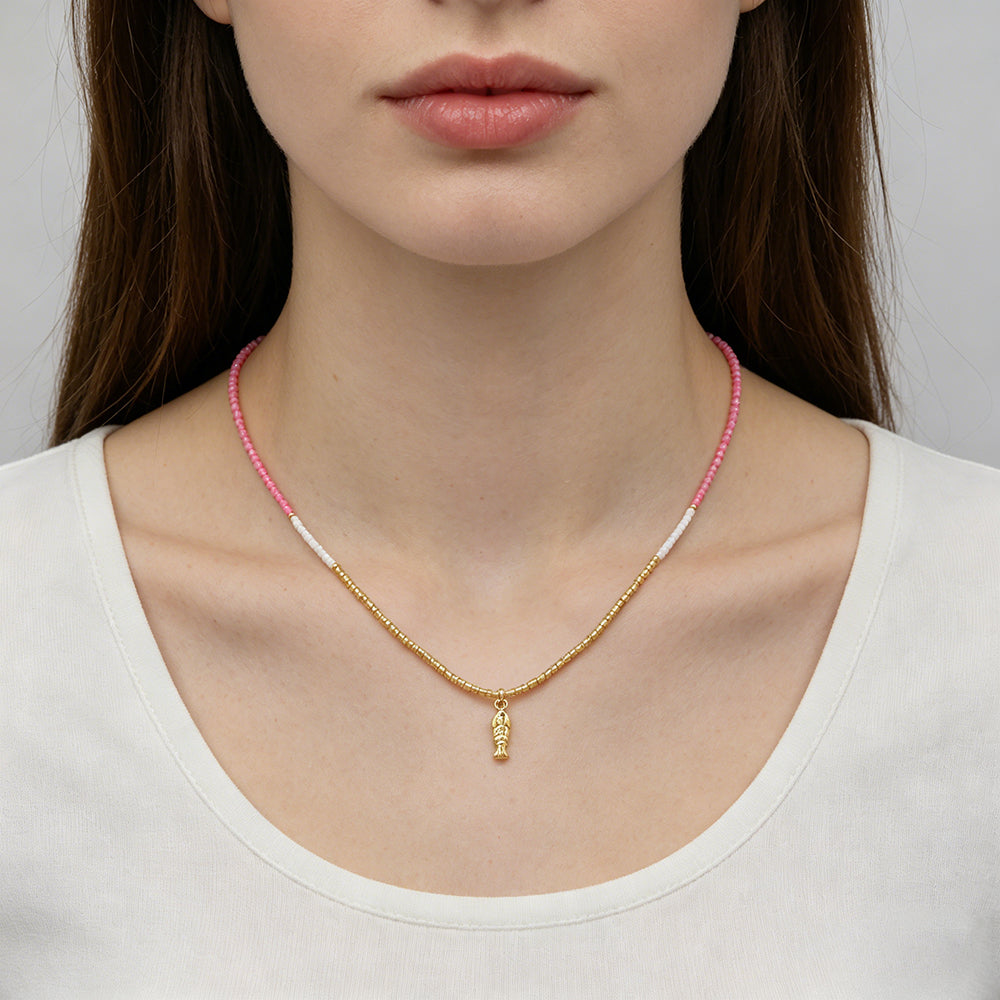 Summer Color Scheme Miyuki Beads Plate Gold Brass CZ Fish Haima Pendant Necklace