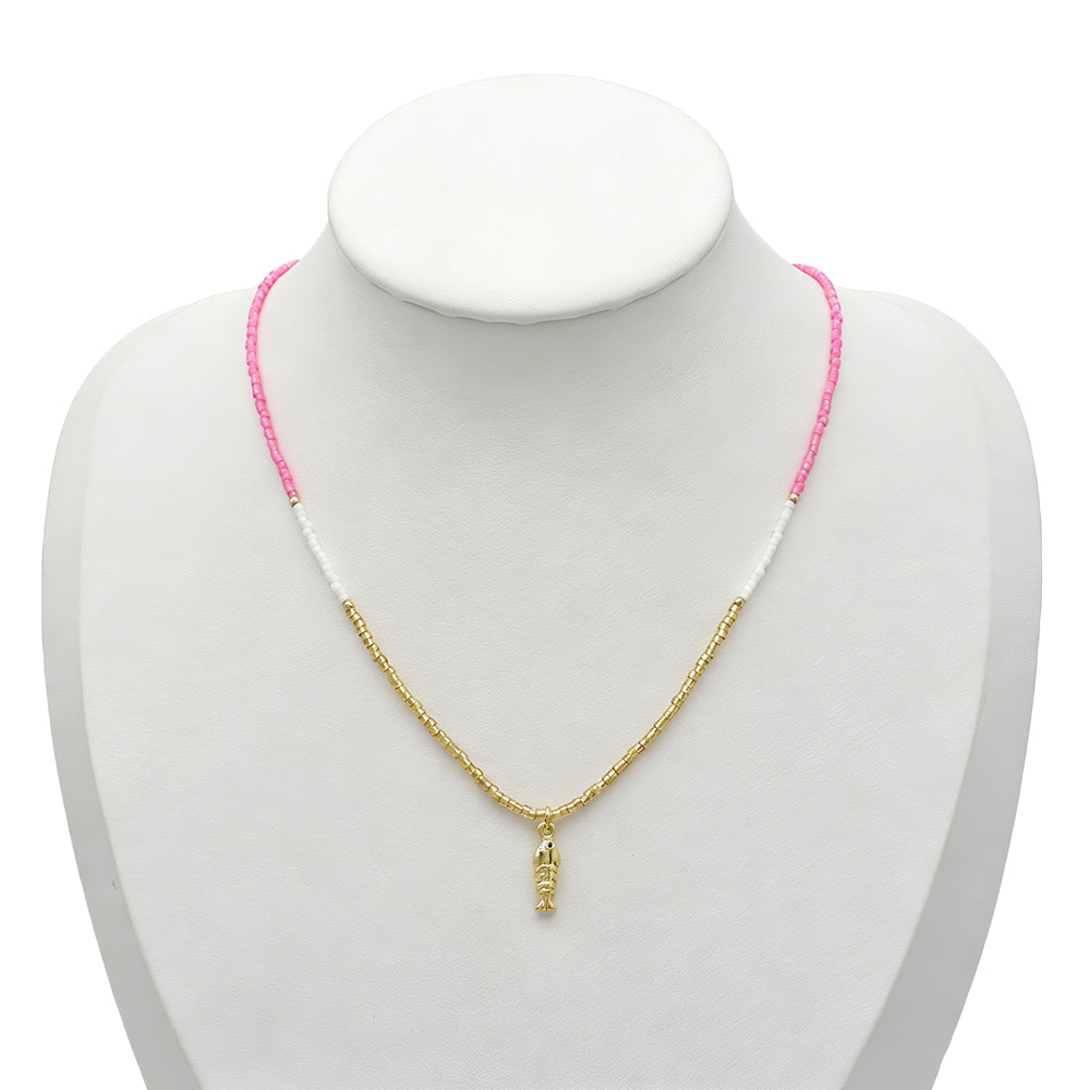 Summer Color Scheme Miyuki Beads Plate Gold Brass CZ Fish Haima Pendant Necklace