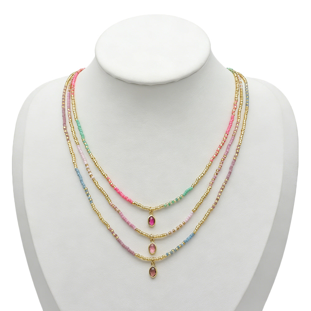 Summer Color Blocking Miyuki Beads Plate Gold Brass CZ Pendant Necklace