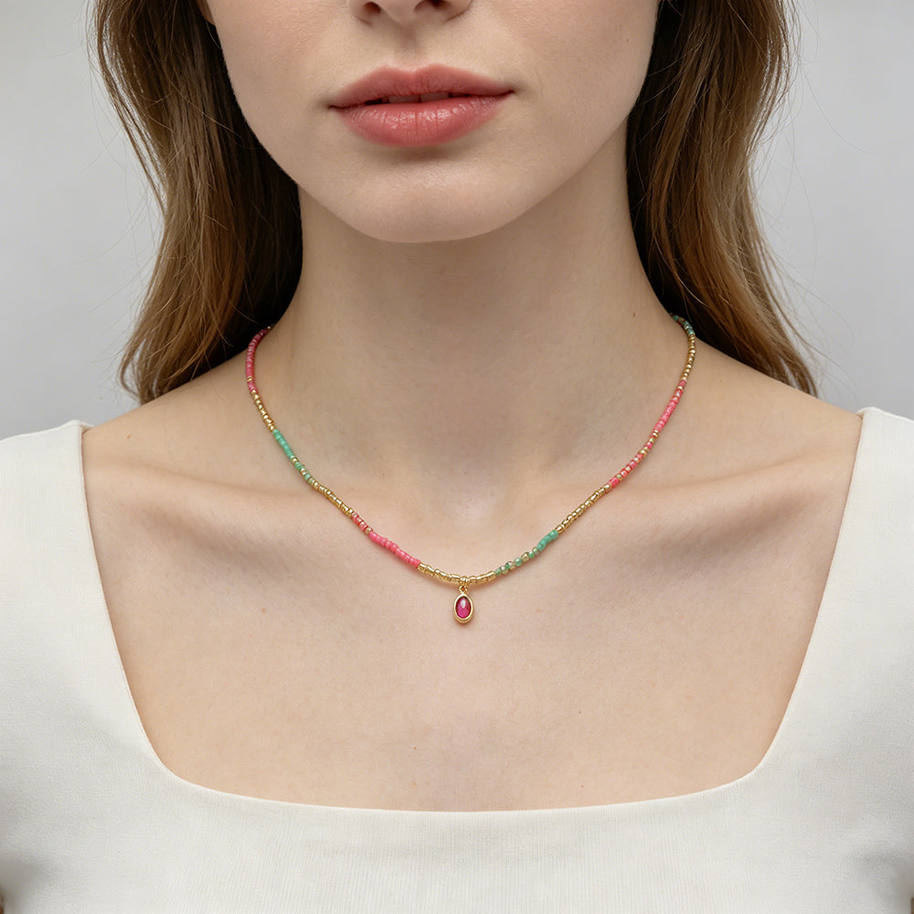 Summer Color Blocking Miyuki Beads Plate Gold Brass CZ Pendant Necklace