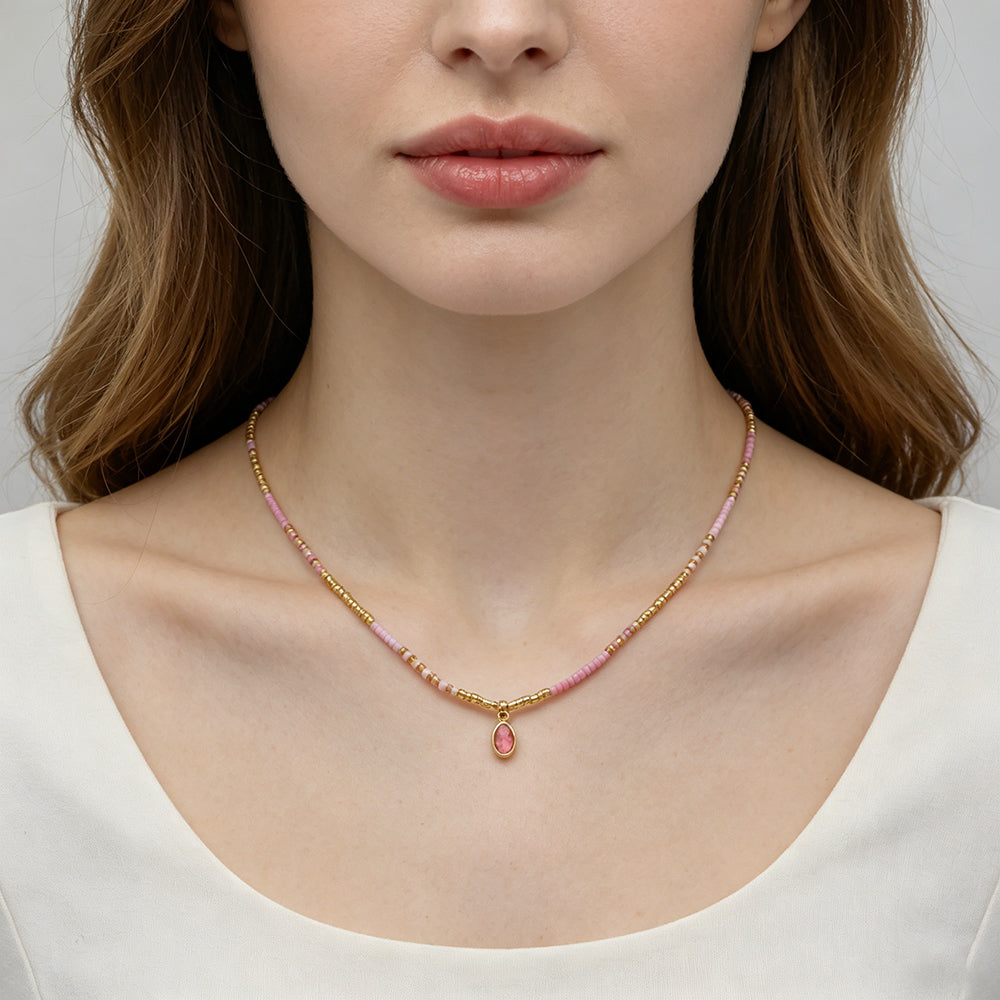 Summer Color Blocking Miyuki Beads Plate Gold Brass CZ Pendant Necklace