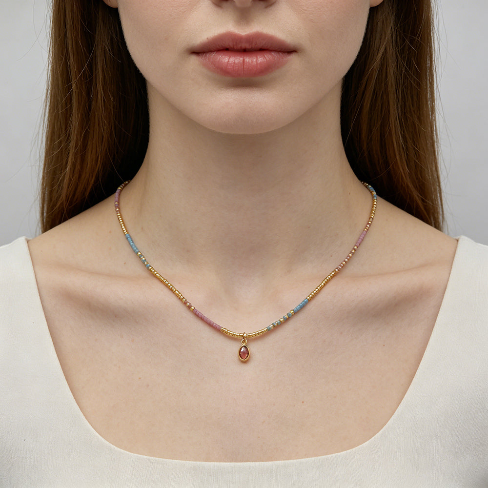 Summer Color Blocking Miyuki Beads Plate Gold Brass CZ Pendant Necklace