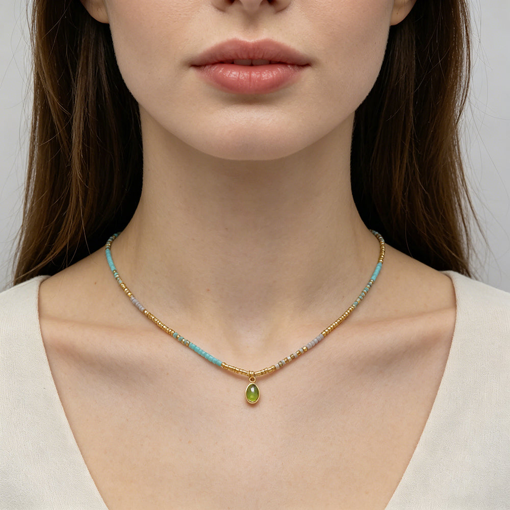 Summer Color Blocking Miyuki Beads Plate Gold Brass CZ Pendant Necklace